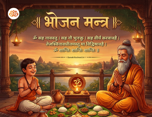 ॐ सह नाववतु। भोजन मंत्र | Bhojan Mantra A Bhojan Mantra poster showing a guru and student seated before a meal, with the “Om Saha Navavatu” mantra and its meaning displayed on the poster.